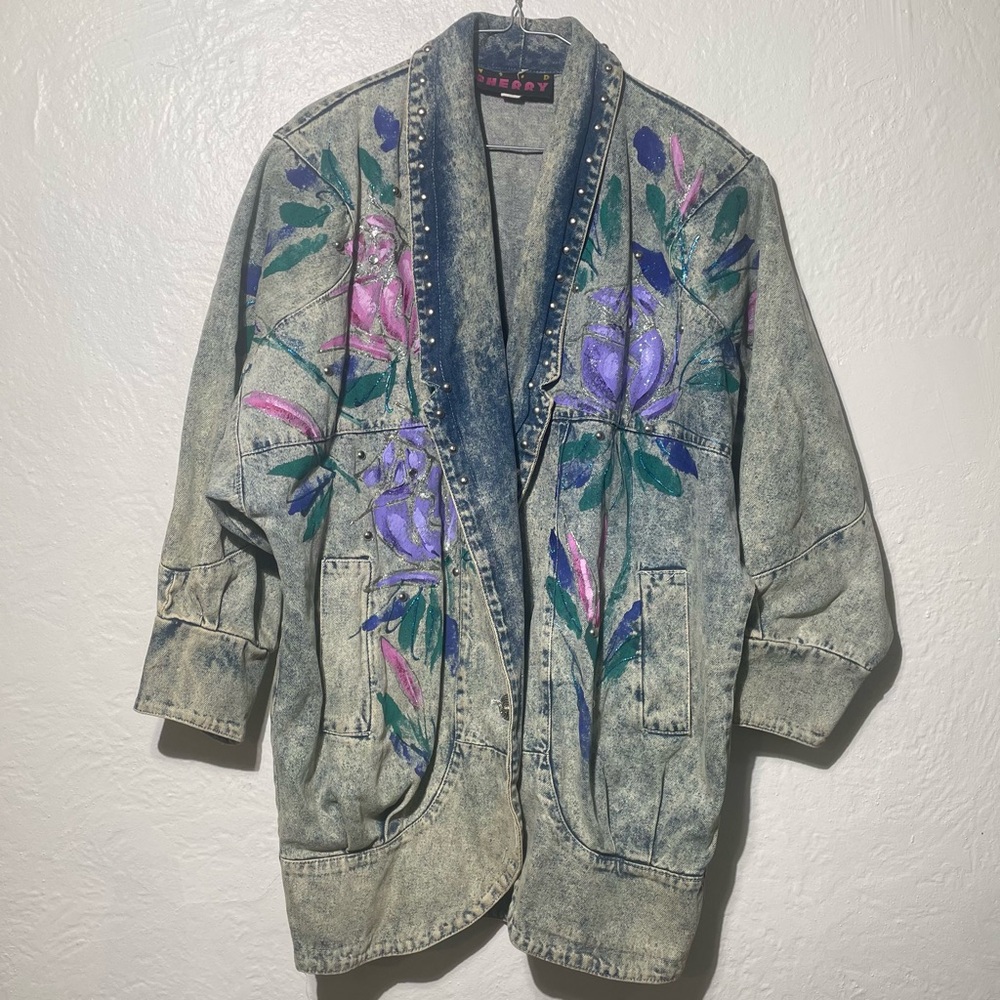 Vtg Oversized acid washed Denim Jacket Hand Painted purpleFloral Studded Artwear - Picture 8 of 12